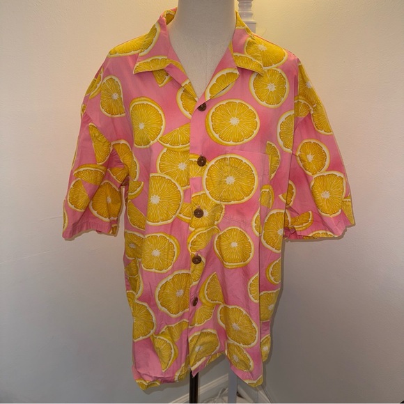 Paradise On A Hanger Mens XL Yellow Pink Lemonade Lemons Vintage Hawaiian Shirt - Picture 1 of 5